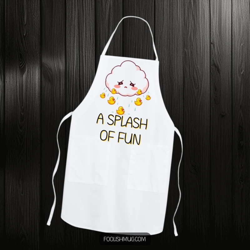 Funny startled cloud character accidentally raining tiny bouncing rubber ducks on an apron, a humorous and functional kitchen accessory.