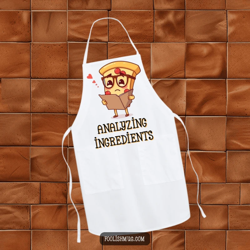 Funny apron featuring a pizza slice wearing spectacles, looking confused at a large menu, ideal for food-loving chefs.