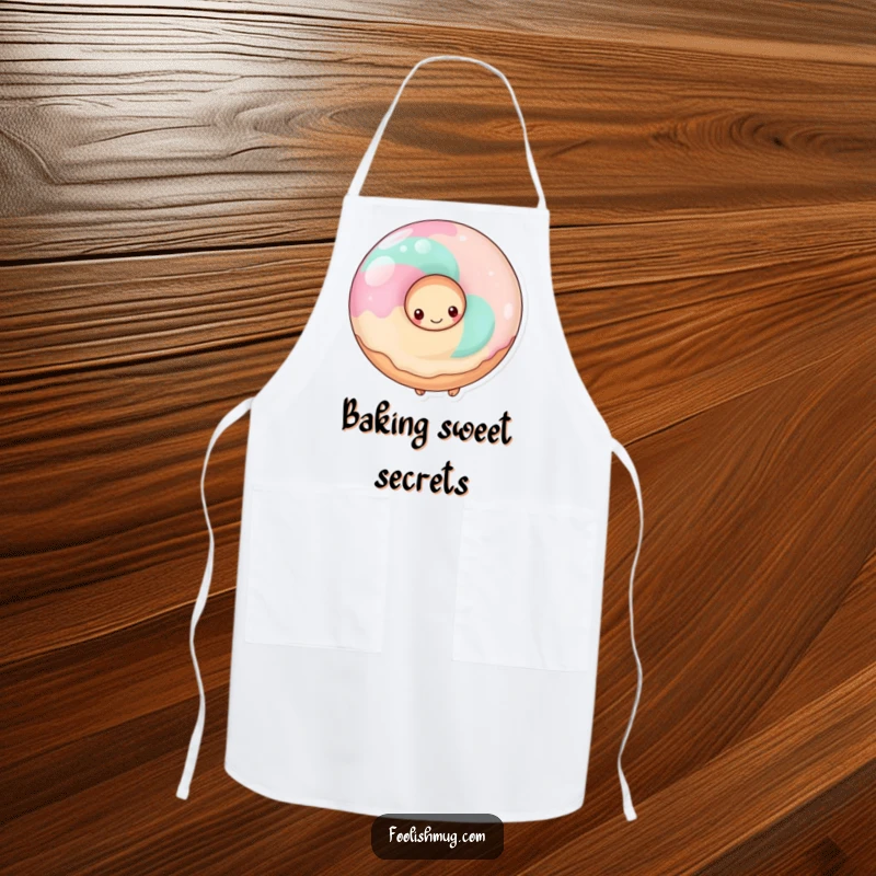 Funny shy donut hiding behind a giant lollipop, on a kitchen apron, for sweet baking sessions.
