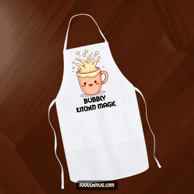 Funny Apron: A cheerful coffee mug character overflowing with bubbly liquid, perfect for a fun kitchen.