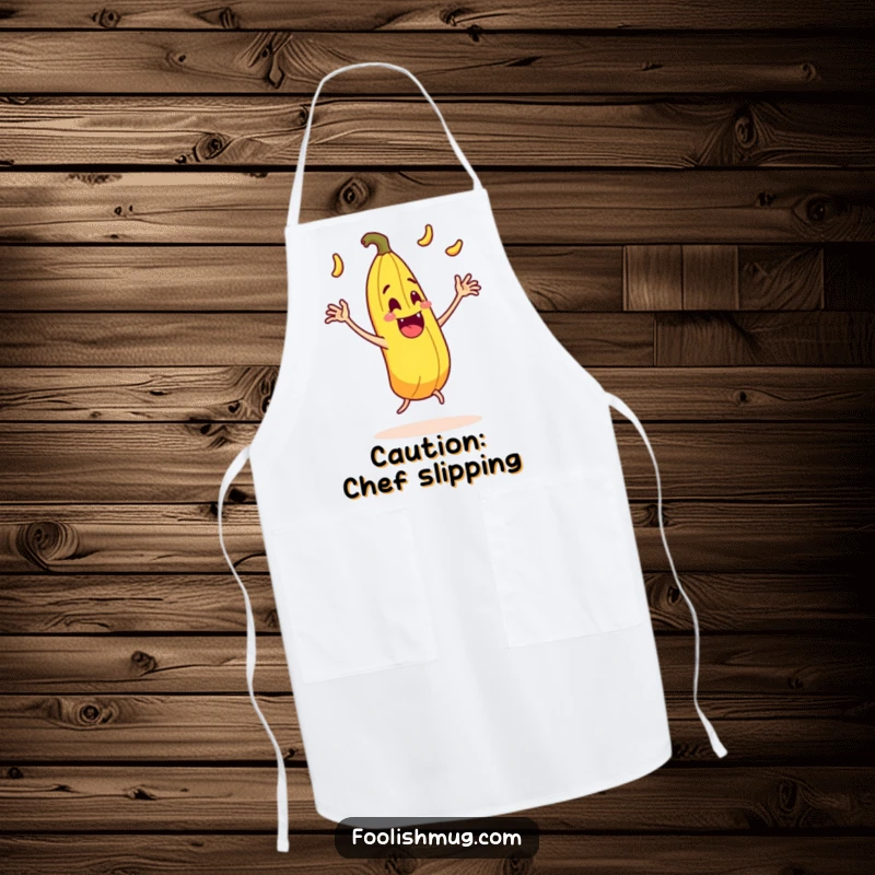 Funny juggling banana peel character comically slipping on itself with exaggerated motion on an apron, a funny kitchen essential.