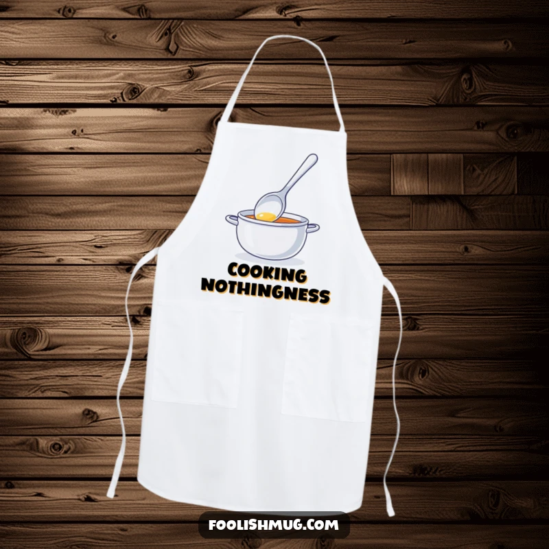 Funny apron featuring a shiny spoon character comically stirring invisible soup, designed for kitchen fun and protecting clothes with humor.