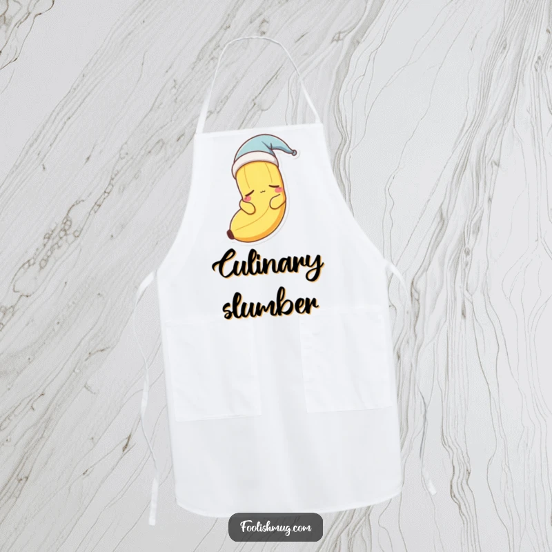 Funny sleepy banana character wearing a nightcap, looking tired, on a functional kitchen apron.