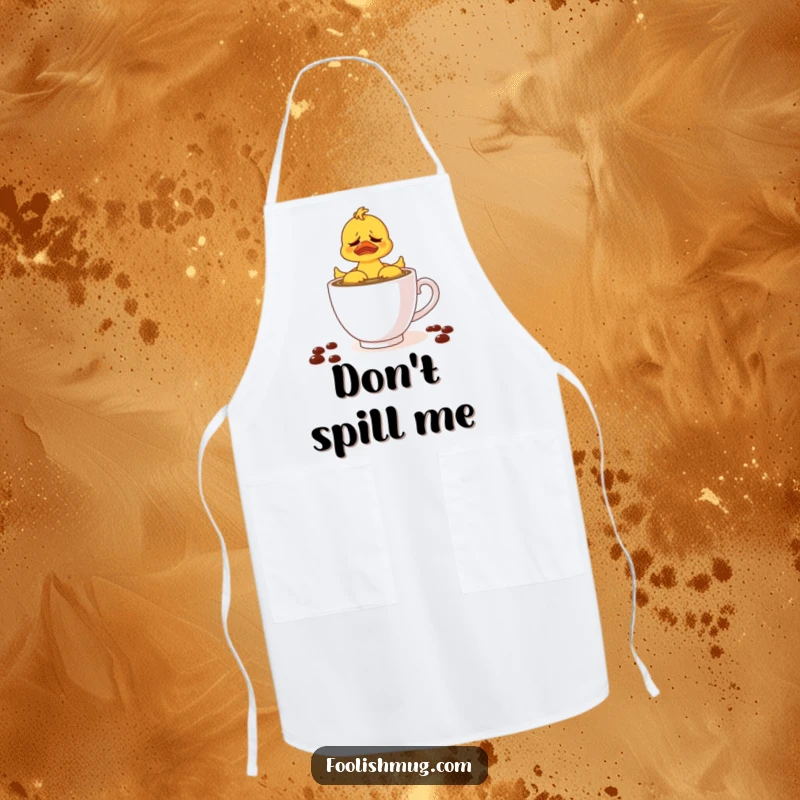 Funny apron featuring a rubber ducky struggling in a teacup of coffee, designed for kitchen fun and protection with humor.