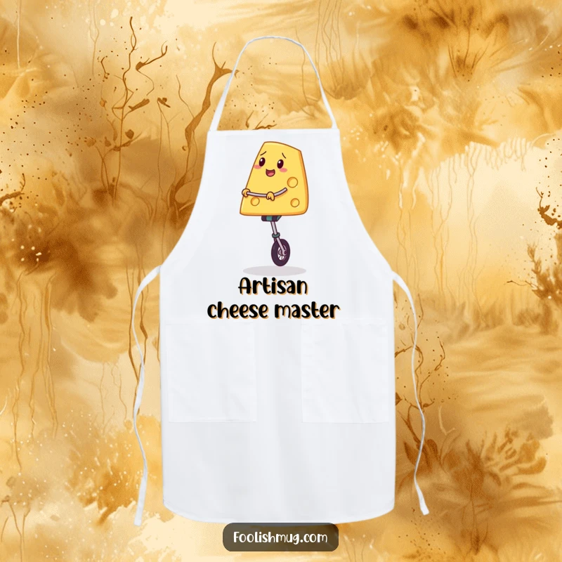 Funny apron showing a slice of cheese balancing on a unicycle, a humorous kitchen accessory for those who master challenges.