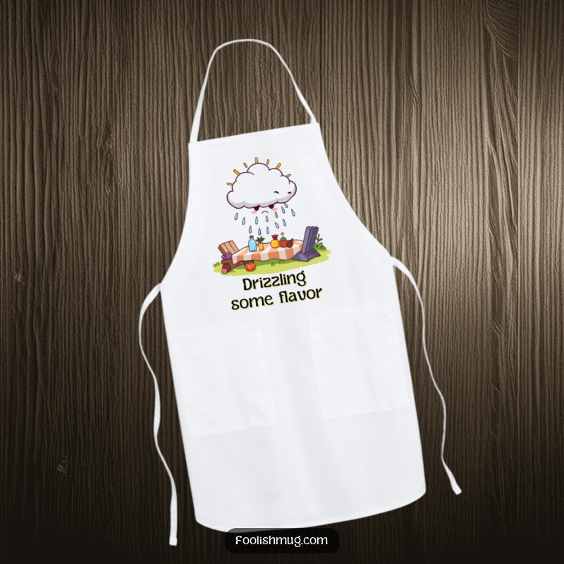Funny apron showing a grumpy cloud attempting to rain on a sunny picnic, a humorous kitchen accessory for channeling your inner curmudgeon.