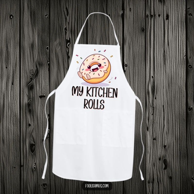 Funny Apron: A happy donut character clumsily rolling downhill with sprinkles flying. A humorous and cheerful kitchen accessory.