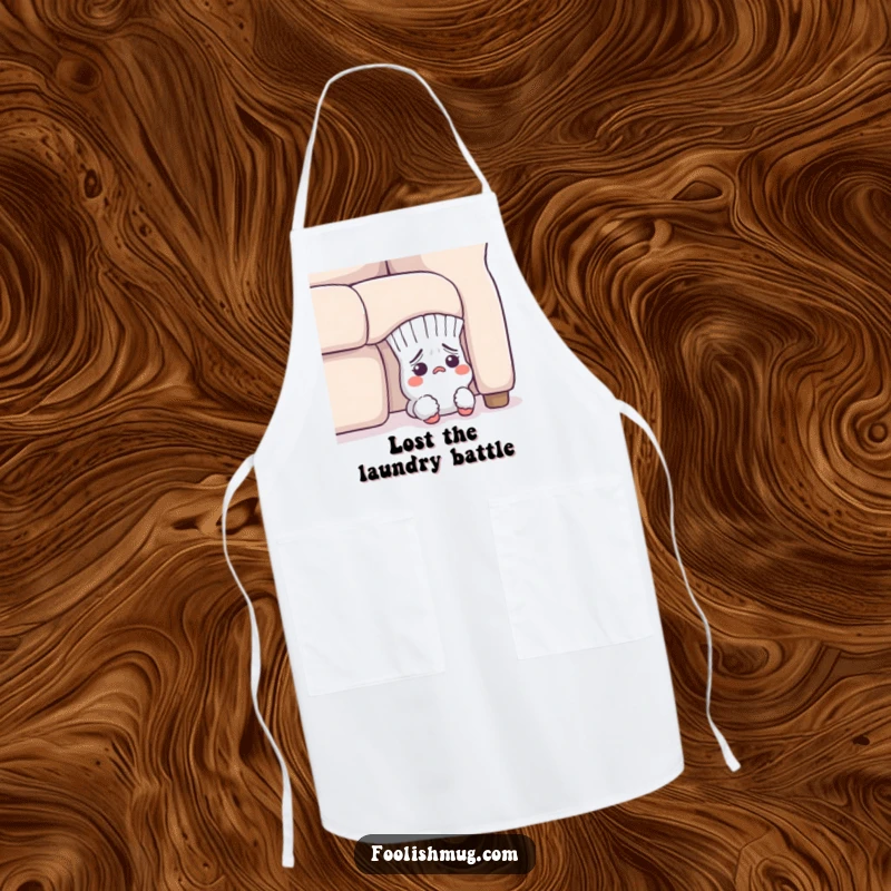 Funny Apron: A flustered sock character peeking out from under a sofa, adding a touch of kitchen chaos and humor.