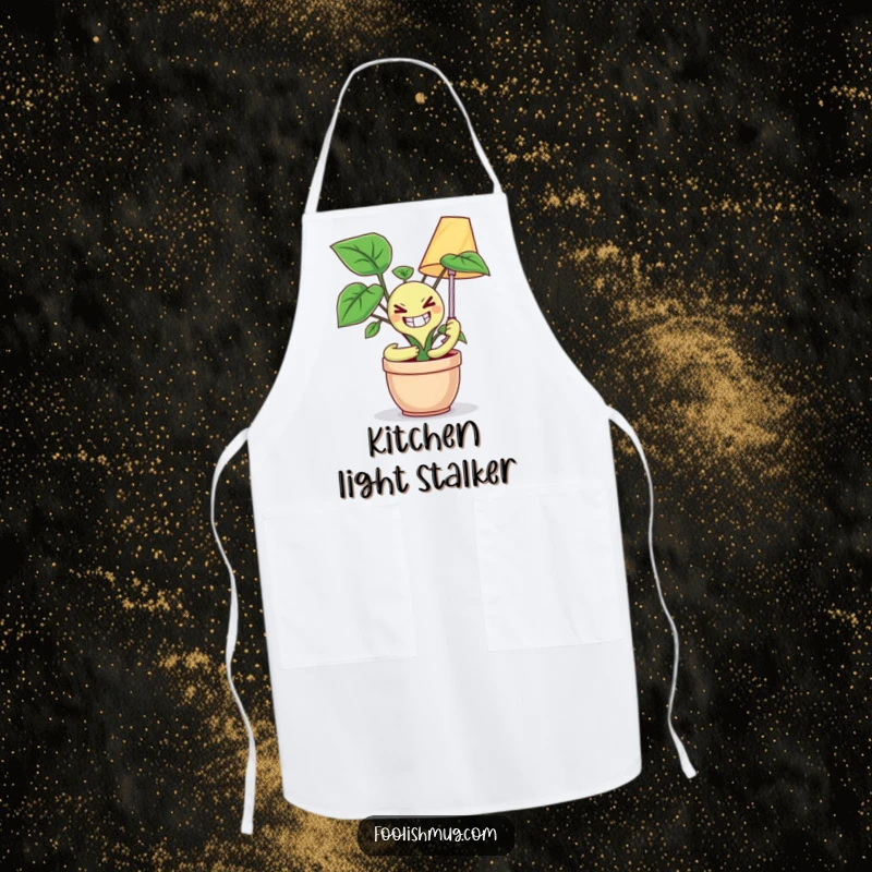 Funny kitchen apron showing a potted plant with a maniacal grin attempting to hug a lamp, perfect for adding humor to cooking.