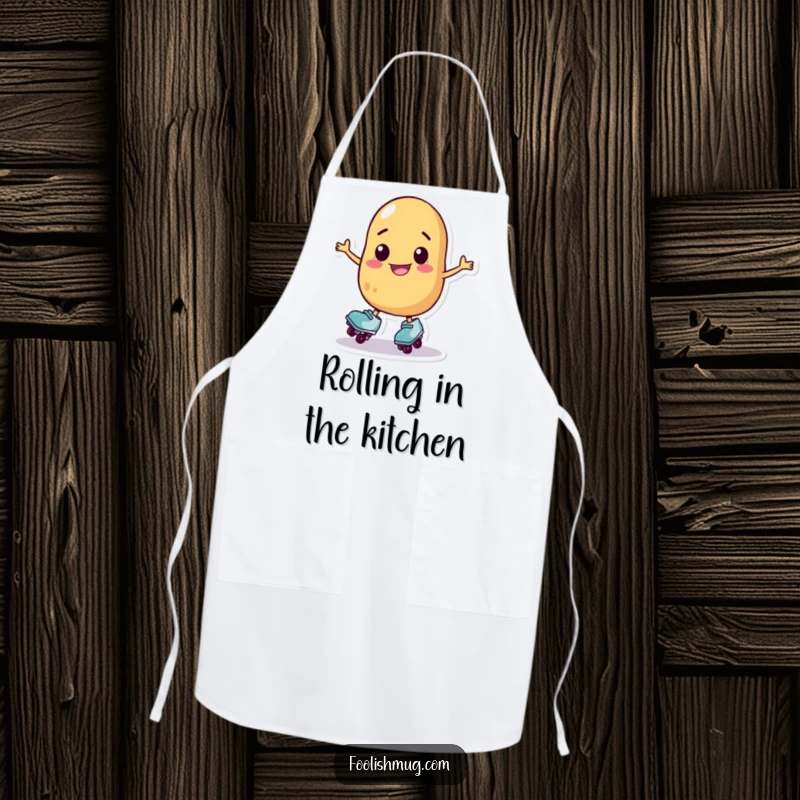 Funny potato character on roller skates wobbling, durable apron, excellent funny gift for bakers and cooks.
