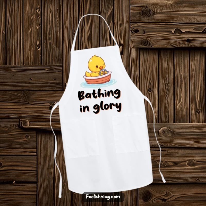 Funny rubber ducky character steering a bathtub boat, printed on a functional apron for kitchen use.