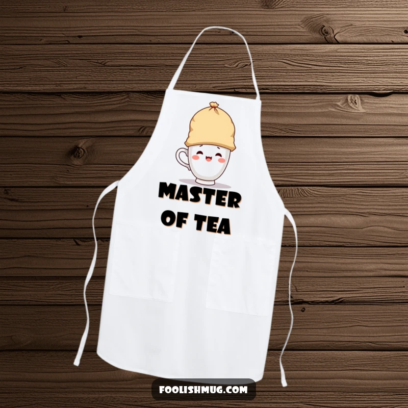 Funny apron showcasing a playful teacup character wearing a giant teabag as a hat, great for cooking and as a funny kitchen gift.