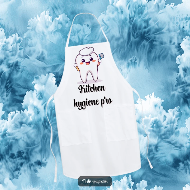 Funny Apron: A smiling toothbrush character scrubbing a discolored molar, bringing dental humor to cooking.