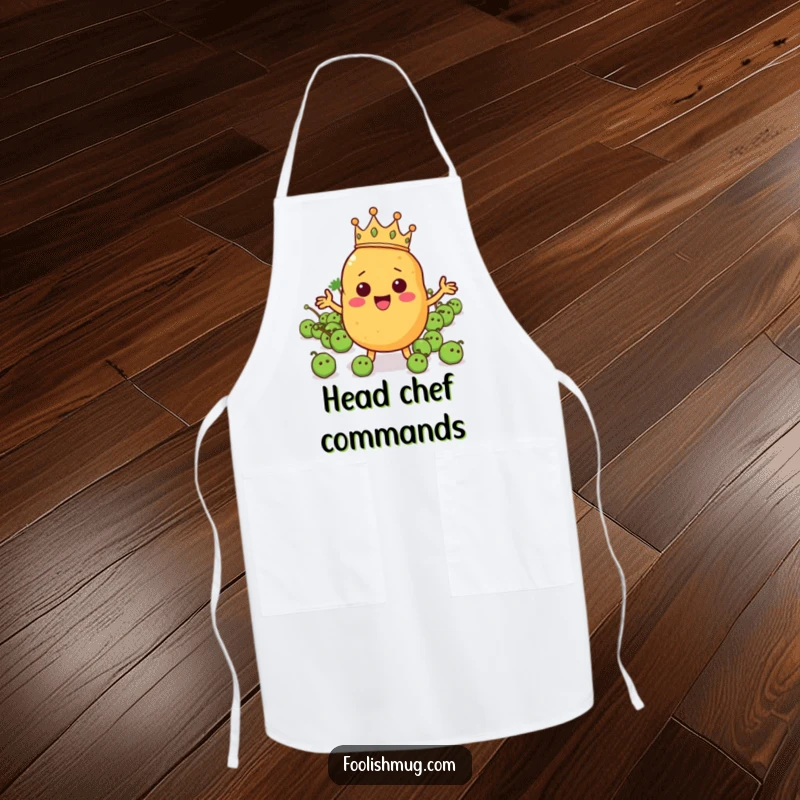 Funny potato character in a tiny crown leading a pea army on a kitchen apron, bringing regal veggie humor to cooking.