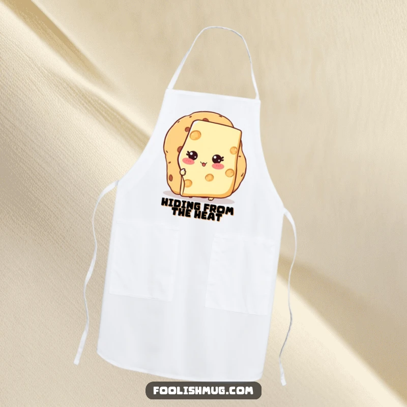 Funny Apron with a blushing cheese slice character hiding behind a cracker, ideal for kitchen charm and humor.
