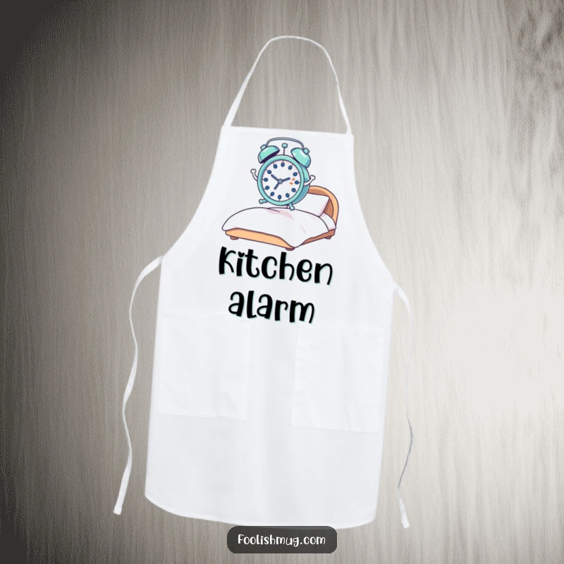 Funny alarm clock apron, tiny and shocked, comically leaping with springs from a bed, perfect for kitchen duties with humorous energy.