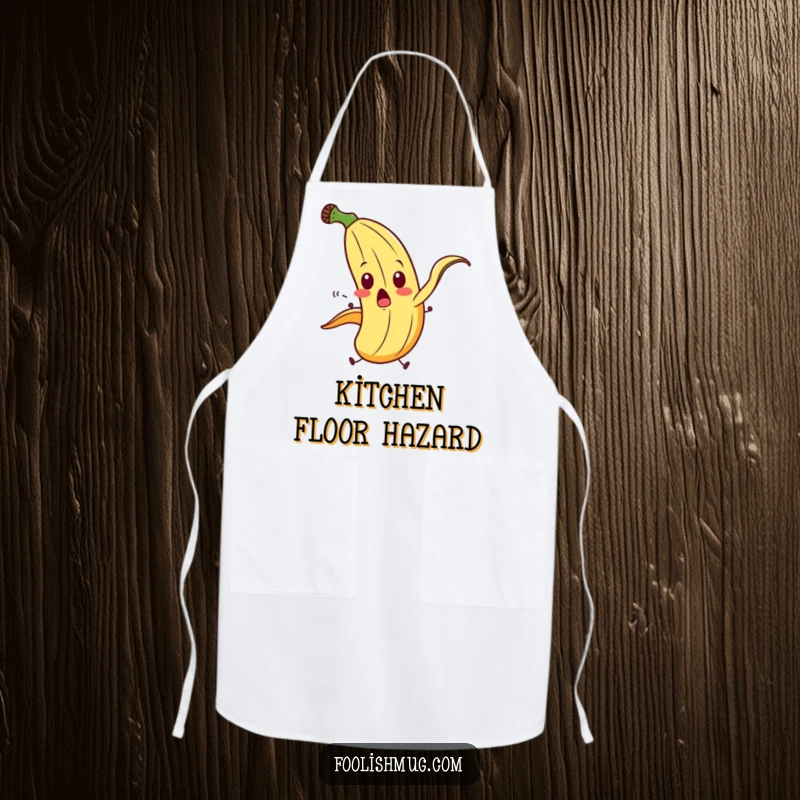 Funny banana peel character in a surprised, exaggerated slip on a kitchen apron, bringing slapstick humor to cooking.