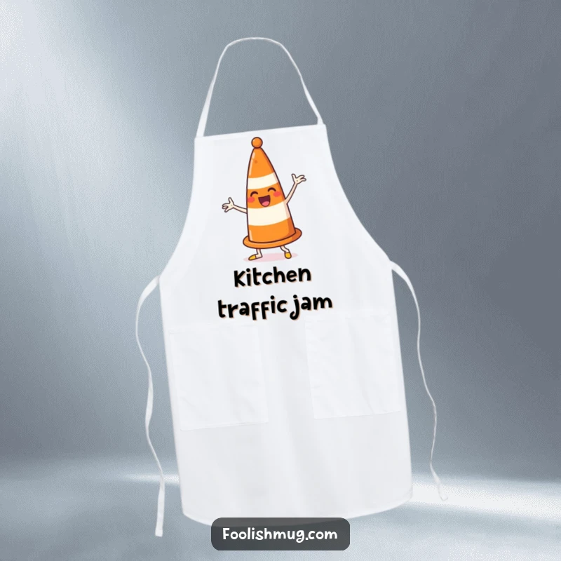 Funny traffic cone apron, enthusiastically dancing and comically blocking its own path, perfect for kitchen activities with humorous energy.