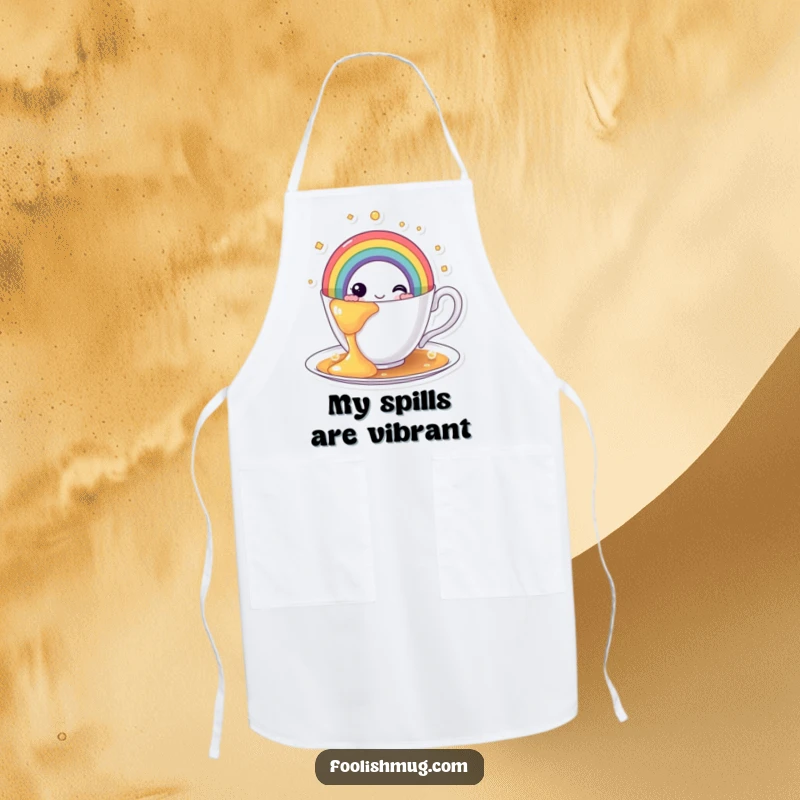 Funny rainbow teacup apron, showing a teacup spilling a vibrant rainbow, perfect for adding cheerful protection in the kitchen.