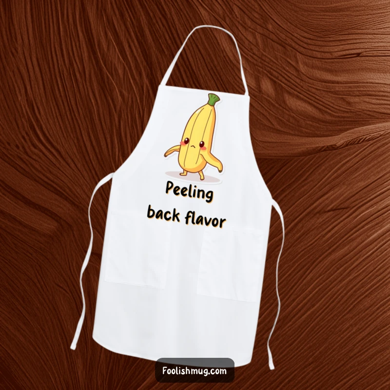 Funny Apron: A determined banana peel character humorously trying to stand upright while cooking. A humorous and resilient kitchen accessory.