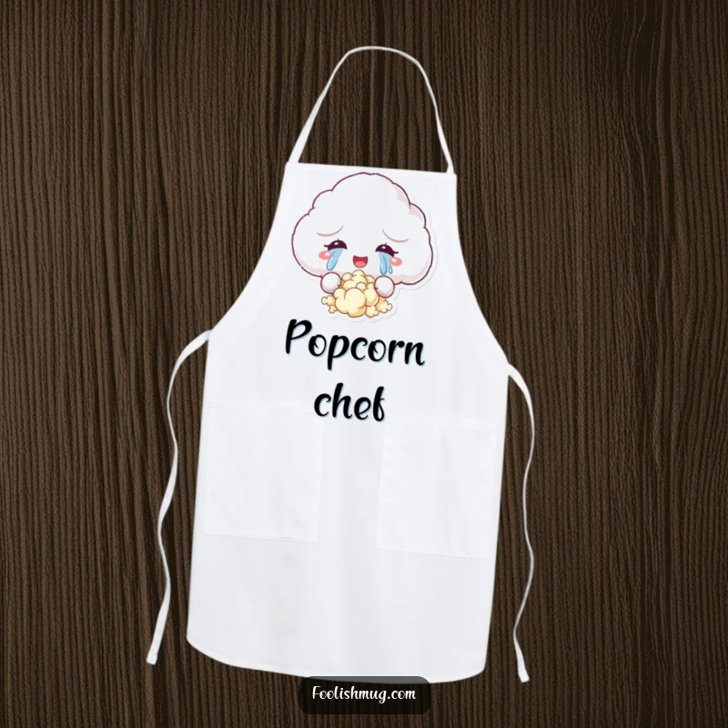 Funny kitchen apron showing a fluffy cloud character crying tears of joy that transform into popcorn, perfect for adding humor to cooking.