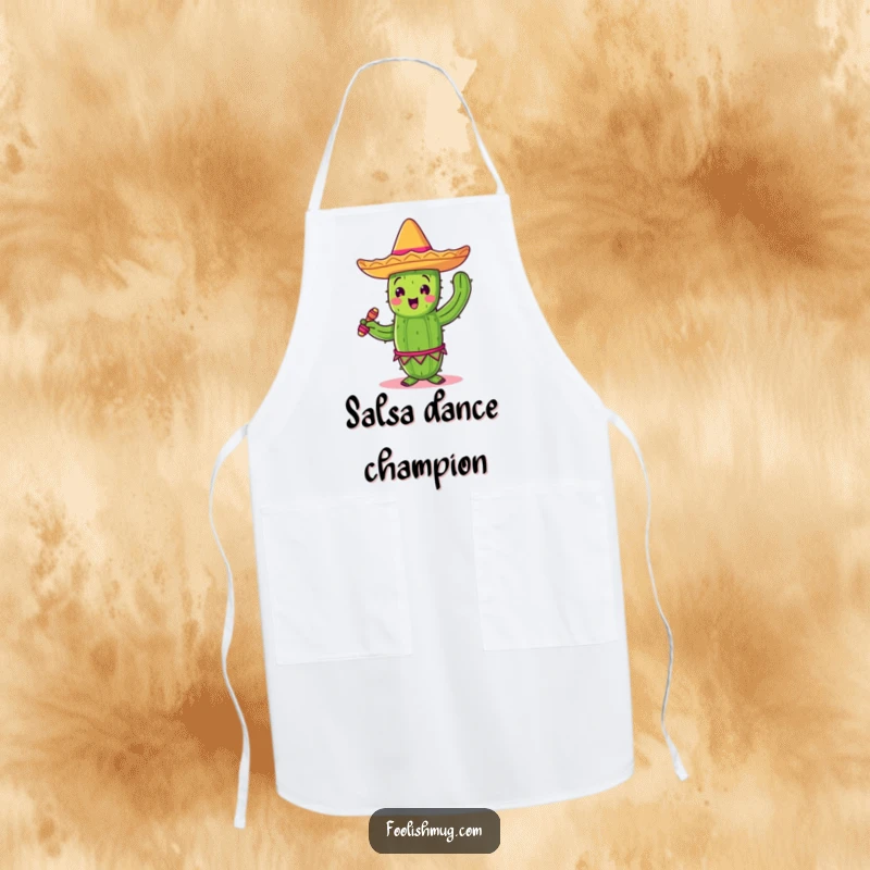 Funny dancing cactus in a sombrero, holding maracas, on a kitchen apron, for festive cooking.