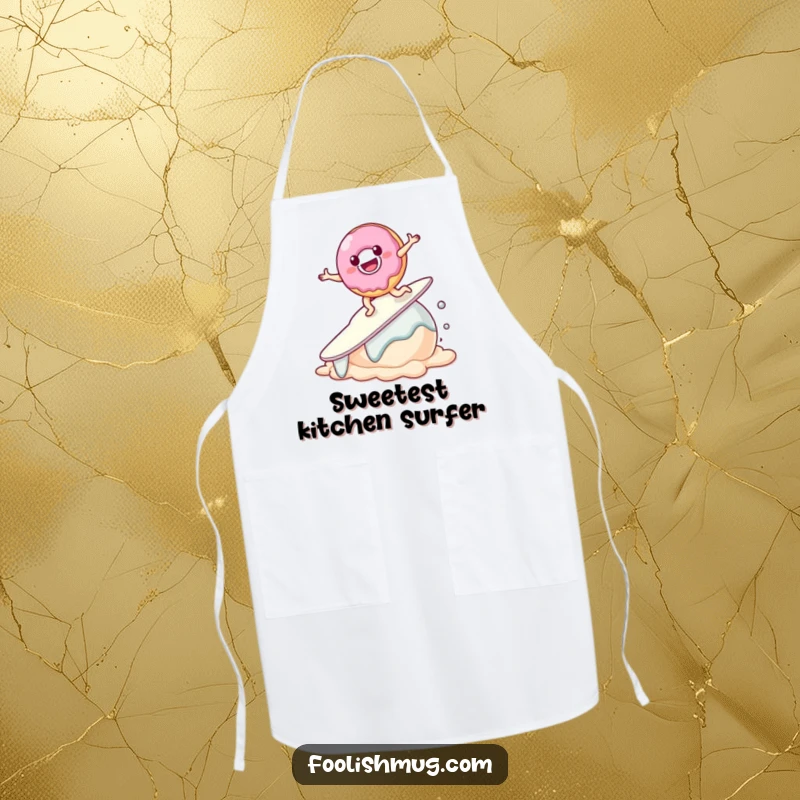 Funny Donut Apron featuring a smiling donut character attempting to surf on a melting scoop of ice cream, ideal for kitchen fun.