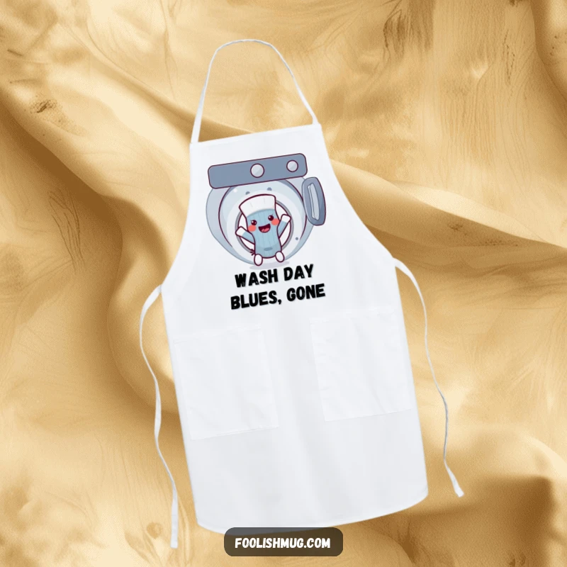 Funny sock character escaping a washing machine while cooking, a humorous and protective apron for laughs, a funny gift.