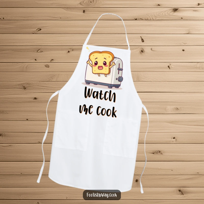 Funny apron showcasing a surprised bread slice comically leaping out of a toaster, great for cooking and as a funny kitchen gift.