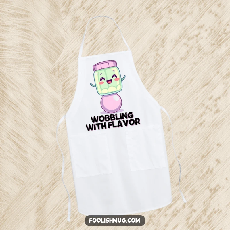 Funny wobbly jelly jar character balancing on a bouncing ball, worn on a funny kitchen apron.