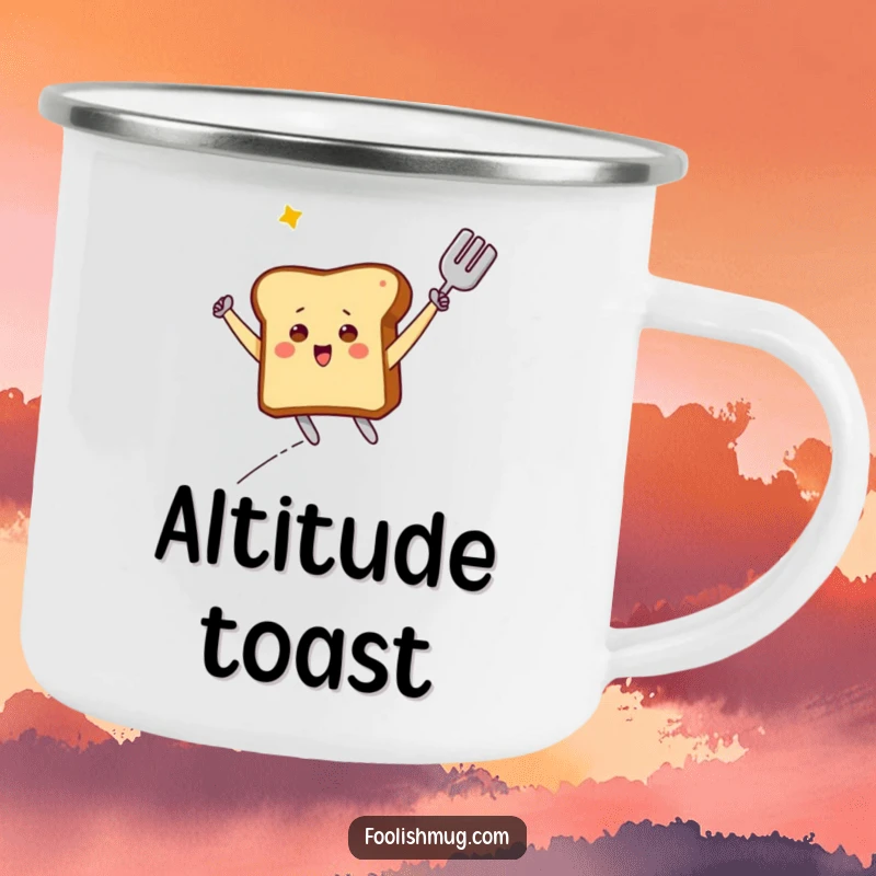 Funny Camping Mug: A triumphant toast character soaring on a spatula, ready for outdoor adventures and laughter.