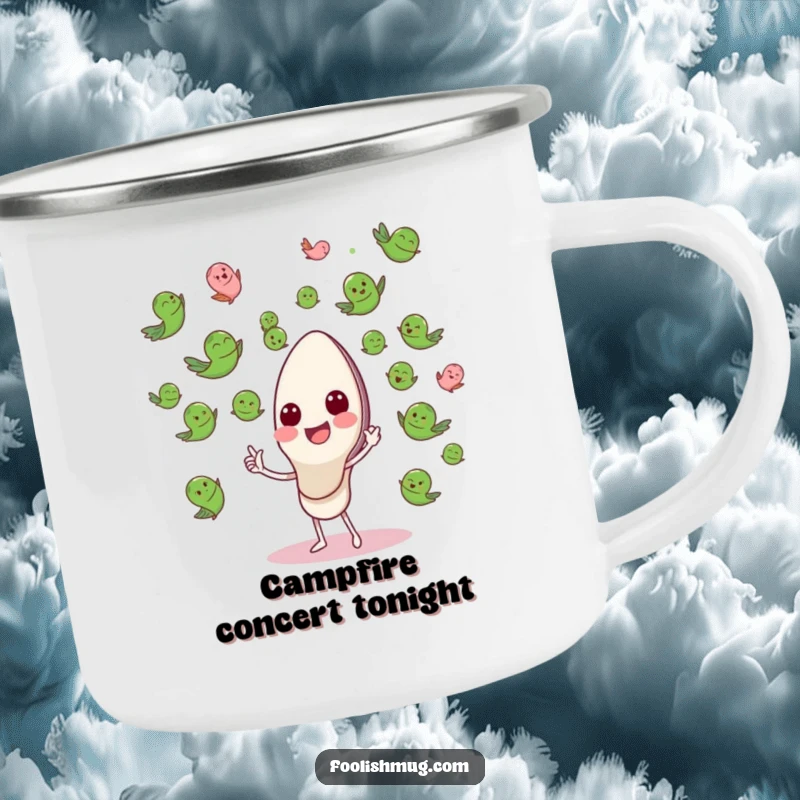 Funny Camping Mug featuring a happy spoon conducting a flying pea orchestra, for outdoor musical moments.