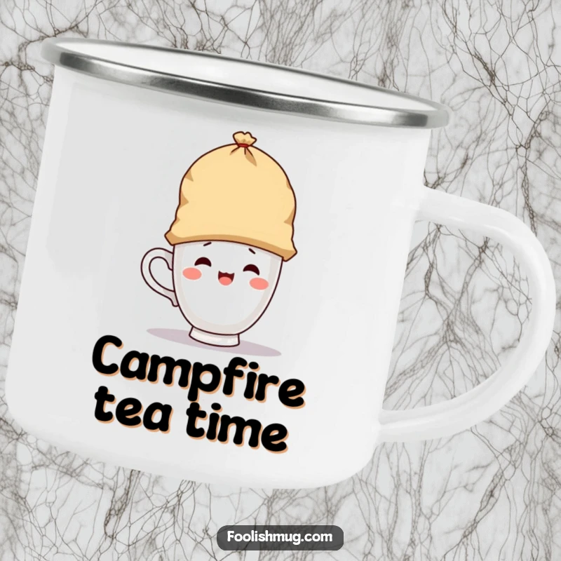 Funny camping mug depicting a playful teacup character wearing a giant teabag as a hat, for outdoor fun and as a funny gift.