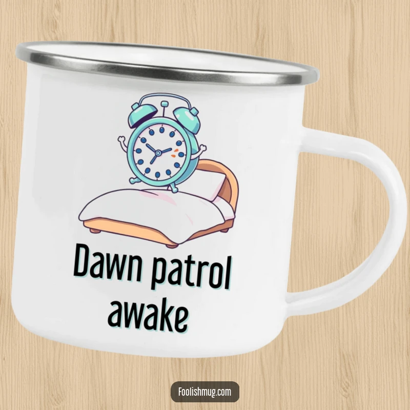 Funny alarm clock camping mug, tiny and shocked, comically leaping with springs from a bed, perfect for humorous outdoor mornings.