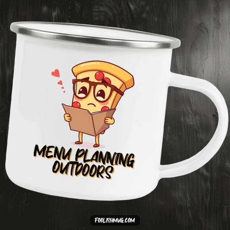 Funny camping mug with a pizza slice wearing spectacles, looking confused at a large menu, ideal for outdoor contemplation.