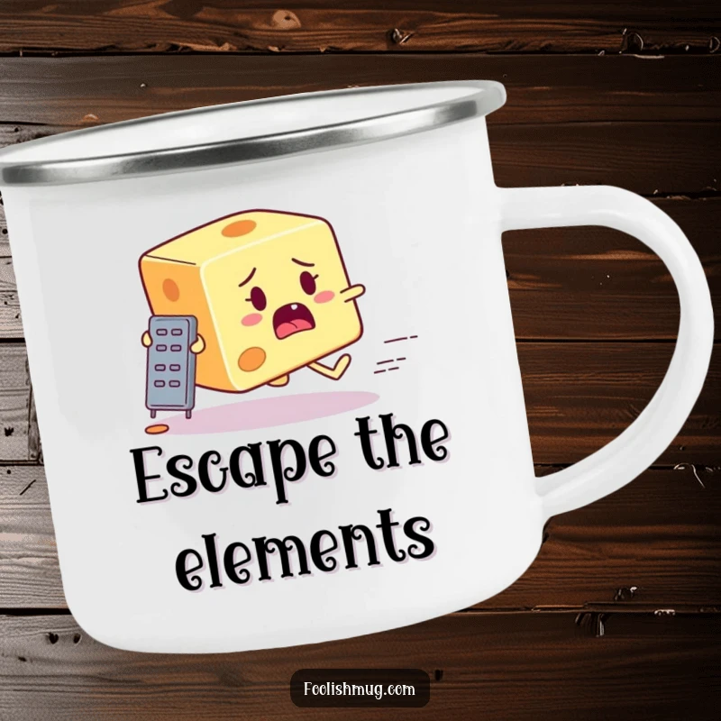 Funny startled cheese block character running from a tiny grater on a camping mug, offering humorous enjoyment during outdoor activities.