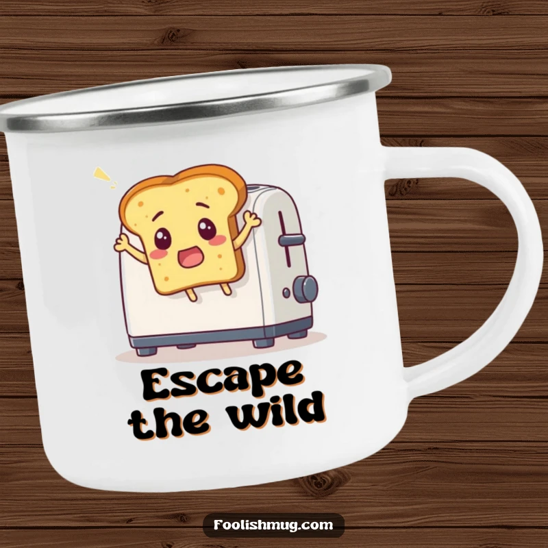 Funny camping mug depicting a surprised bread slice comically leaping out of a toaster, for outdoor fun and as a funny gift.