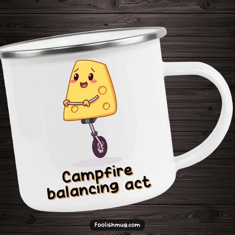 Funny camping mug with a slice of cheese on a unicycle, ideal for enjoying beverages during outdoor adventures with a humorous spirit.