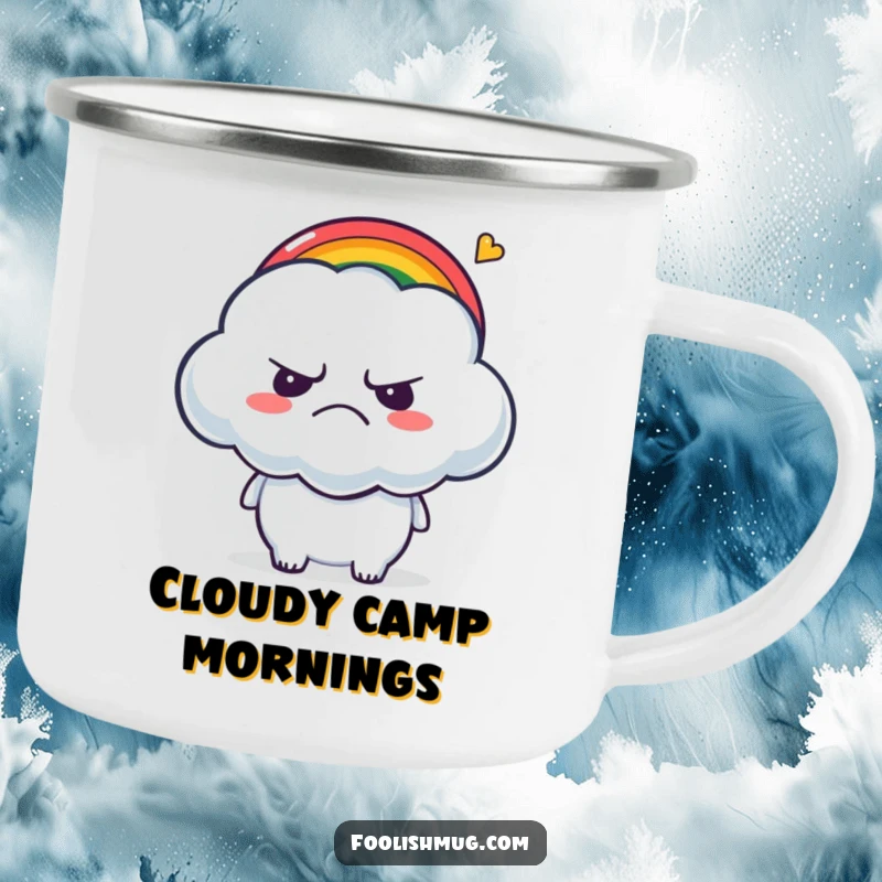 Funny Camping Mug: A grumpy cloud character being tickled by a tiny rainbow, perfect for outdoor fun.