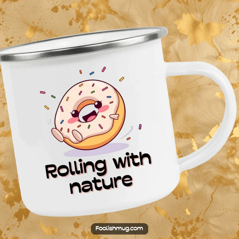 Funny Camping Mug: A happy donut character rolling downhill with sprinkles flying. Rugged and humorous for outdoor enjoyment.