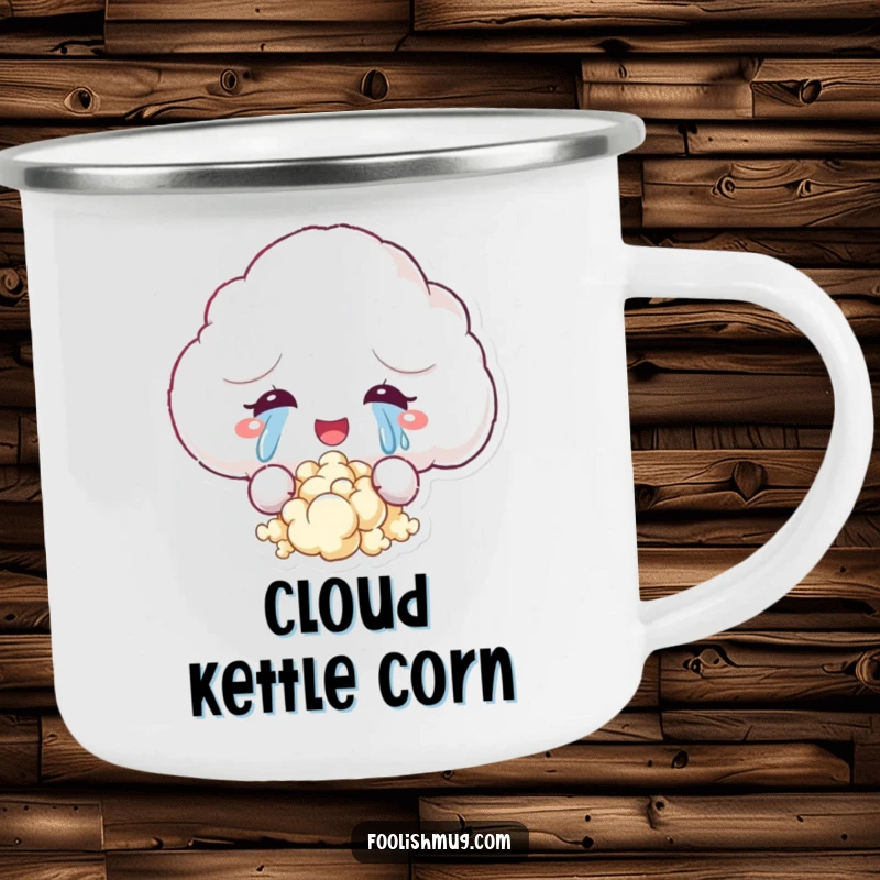 Funny camping mug depicting a fluffy cloud character crying tears of joy that turn into popcorn, ideal for outdoor enthusiasts who love happy snacks.