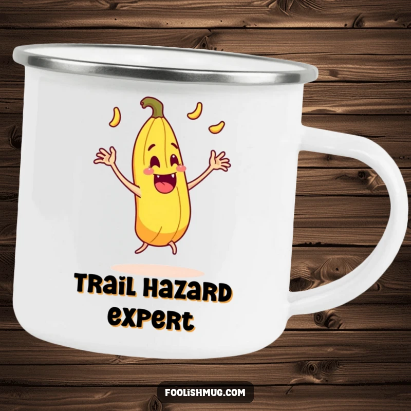 Funny juggling banana peel character comically slipping on itself with exaggerated motion on a camping mug, rugged and humorous.