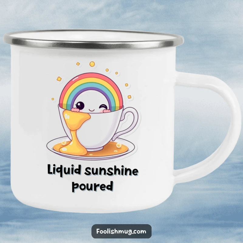 Funny rainbow teacup camping mug, showing a teacup spilling a vibrant rainbow, perfect for enjoying drinks outdoors with flair.
