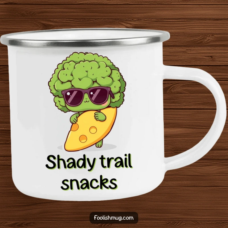 Funny shy broccoli camping mug, showing a broccoli wearing sunglasses, hiding behind a large cheese slice, perfect for outdoor drinks.