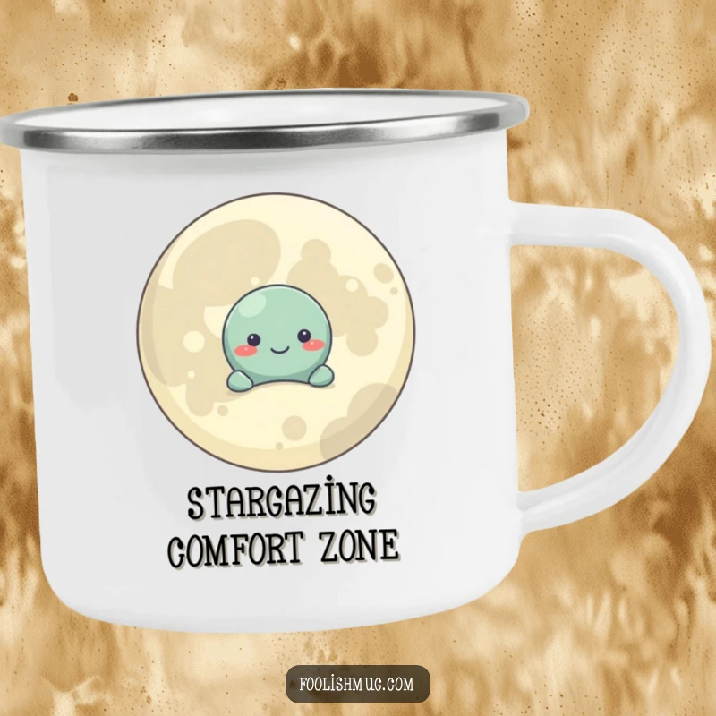 Funny Camping Mug: A shy planet character hides behind a smiling moon, ready for quiet moments and starlit adventures.
