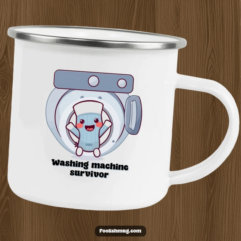 Funny sock character escaping a washing machine on a camping trip, a durable and humorous camping mug, a funny gift.