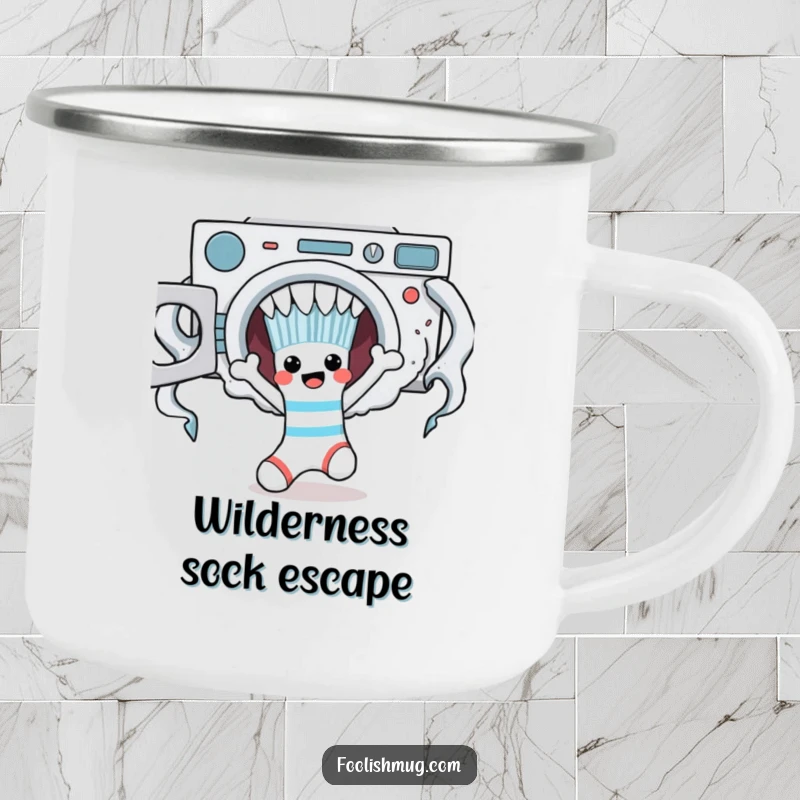 Funny sock character escaping a laundry monster on a durable camping mug, ready for outdoor fun.