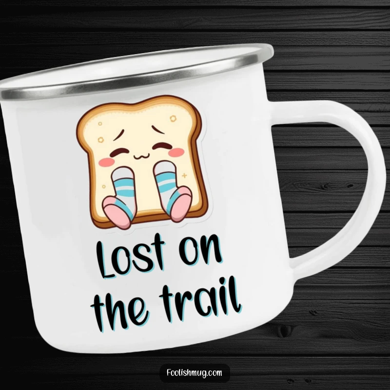Funny toast slice in mismatched socks, on a sturdy camping mug, ready for outdoor adventures.
