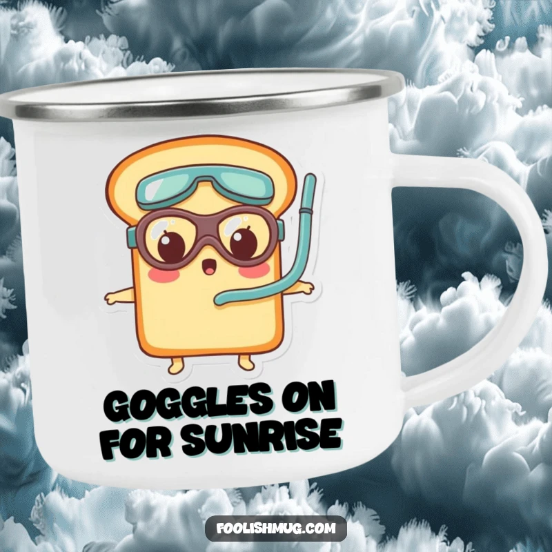 Funny bread loaf character wearing tiny goggles and snorkel, looking surprised on a durable camping mug, ready for outdoor fun.
