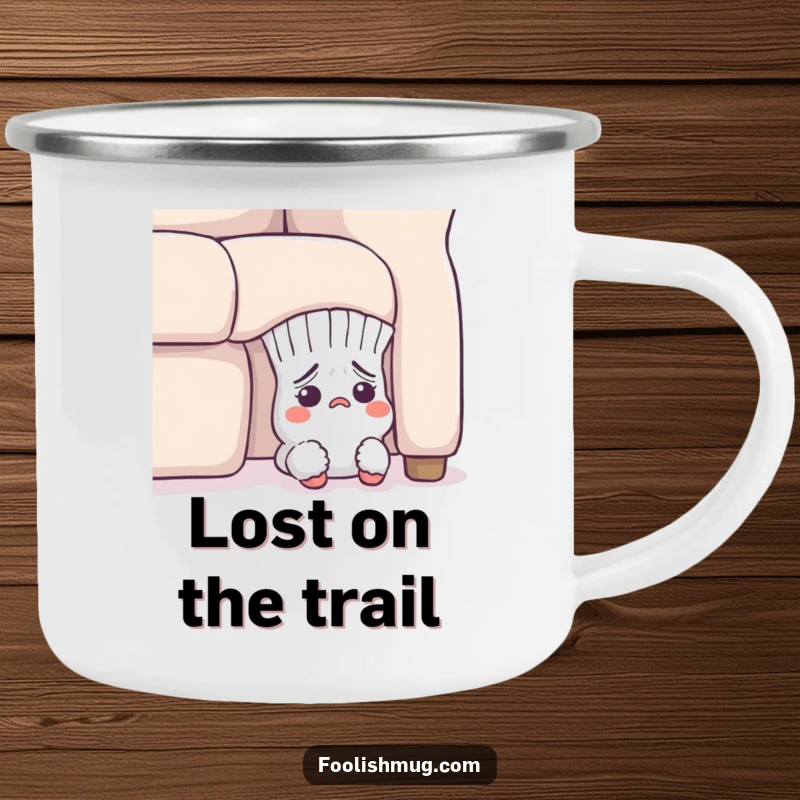 Funny Camping Mug: A flustered sock character peeking from under a sofa, ready for outdoor adventures and laughs.